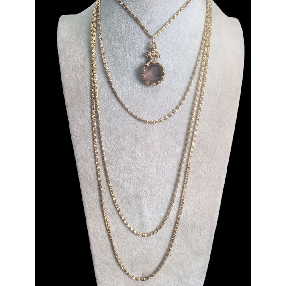 Vintage Goldette Signed 4 Strand Necklace Intaglio Cameo Pendant 24"–40" Layered